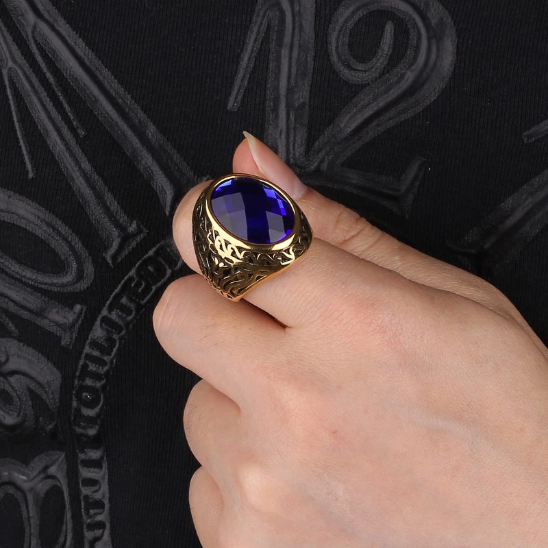 MASOP Jewellery Vintage Mens Stainless Steel CZ Ring Gold Biker Sapphire Color Blue Stone Size 9 - Image 2